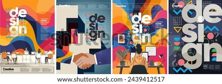 Design, creativity and business. Vector modern abstract  geometric illustration of advertising agency, graphic design at computer at work, handshake, creative office for poster, flyer or background
