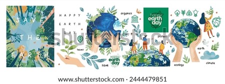 Earth Day. Environment Day. Save the planet. Vector illustration of 
hands holding the earth, bottom up view of nature and forest, people for ecology and green theme for poster or banner 