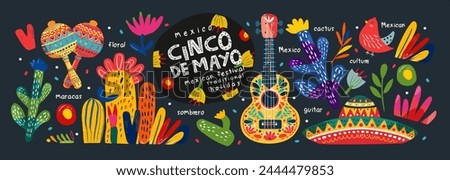 Mexico and the Mexican holiday Cinco de Mayo. Vector abstract illustrations of guitar, maracas, sombrero hat, ornament, Mexican pattern, cactus for banner, greeting card or poster