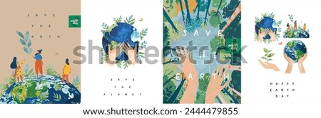 Earth Day. Environment Day. Save the planet. Vector illustration of 
hands holding the earth, bottom up view of nature and forest, people for ecology and green theme for poster or greeting card 