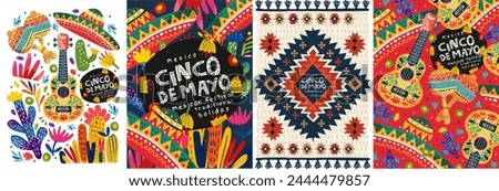 Mexico and the Mexican holiday Cinco de Mayo. Vector abstract illustrations of guitar, maracas, sombrero hat, ornament, Mexican pattern, cactus for background, greeting card or poster