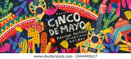 Mexico and the Mexican holiday Cinco de Mayo. Vector abstract illustrations of guitar, maracas, sombrero hat, ornament, Mexican pattern, cactus for banner, greeting card or poster