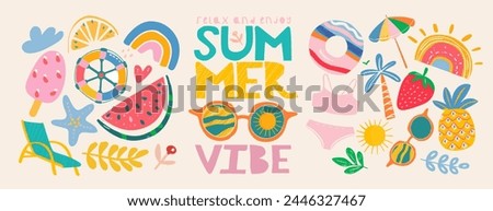 Summer vibe. Set of cute vector illustrations: logo, watermelon, resort,  strawberry, swimsuit, sunglasses, sun, starfish, steering wheel, pineapple, rainbow,  lounger, inflatable ring, umbrella