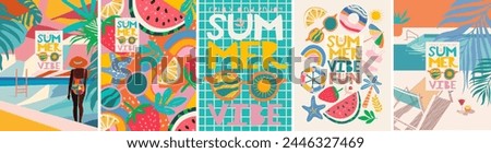 Summer vibe. Set of cute trendy vector illustrations: logo, pattern, watermelon, resort, woman by the pool, beach, strawberry, swimsuit, sunglasses, sun for poster, card or background