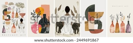 Aesthetics. Abstract modern art. Vector illustration of abstraction, stylish geometric shape, woman sitting back with elephants, vase with plants, twigs and leaves for a wall interior poster 