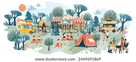 Summer festival, picnic and barbecue. Vector illustrations of park, nature, trees, resting walking people on weekends and holidays, family, camping tent, fair, bus stand selling burger and popcorn