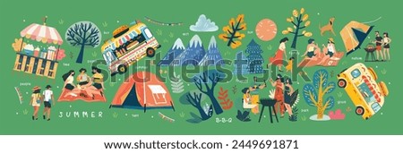 Summer festival, picnic and barbecue. Vector illustrations of park, nature, trees, resting walking people on weekends and holidays, family, camping tent, fair, bus stand selling burger, and popcorn