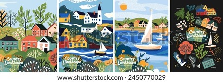 Country landscape. Summer and nature. Vector cute illustrations of a village, town, lake with a boat, house, river, city, street, bush for a poster, background or card