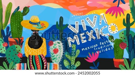 Viva Mexico. Vector cute abstract illustration of Mexican nature,  Woman in sombrero hat, cactus for Cinco de Mayo holiday greeting card, banner or background