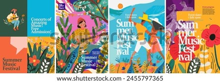 Music and dance summer festival in nature. Vector illustration of a musician playing a trumpet, a girl with a guitar, dancing people, holiday flags, leaves, flowers, for a poster, flyer, social media