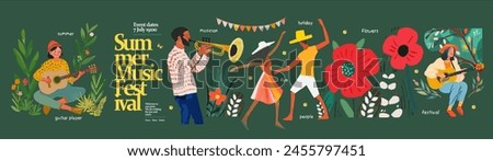 Music and dance summer festival in nature. Vector illustration of a musician playing a trumpet, a girl with a guitar, dancing people, holiday flags, leaves, flowers, for a poster, flyer, social media 