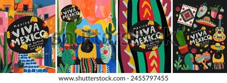 Viva Mexico. Vector cute abstract illustration of Mexican street in Mexico City, Woman in sombrero, cactus, traditional pattern or ornament for Cinco de Mayo greeting card, poster or background