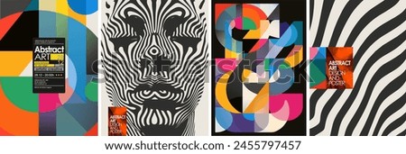 Abstract art. Vector illustration of modern geometric shapes with gradients, lines, flowing stripes, minimalistic man portrait for poster, social media, background, cover or flyer