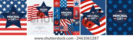 Happy Memorial Day. Vector modern flat illustration of USA flag, stars, American pattern, firework, Statue of Liberty, poppy, logo and icons for poster, invitation, flyer, background or greeting card