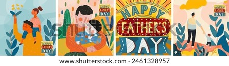 Happy Father's Day. Vector cute stylized abstract illustration of dad and child sitting on shoulders, portrait, walking family in nature, logo for greeting card, poster or flyer