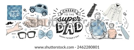 Happy Father's Day. Line art. Vector minimalistic cute illustrations of dad and son, baby and father's hands, logo, car, shirt, tie, glasses, bow tie for  for greeting card 