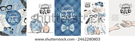 Happy Father's Day. Line art. Vector minimalistic cute illustrations of dad and son, baby and father's hands, logo, plaid fabric for background and pattern for greeting card, postcard, poster or flyer