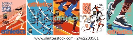 Athletics. International sports games. Vector illustration of runner, jogging, athlete, track, run, legs with sneakers, competition for poster, cover or background	
