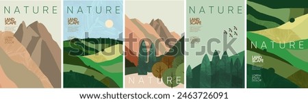 Abstract nature and landscape. Vector stylized minimalistic modern illustration of landscape, nature, tree, field, hill, village for poster, background and pattern