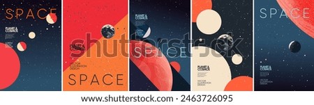 Space, planets and galaxy. Set of futuristic space posters featuring planets, cosmos, and abstract geometric shapes. Perfect for astronomy enthusiasts, science fiction themes, and modern wall art