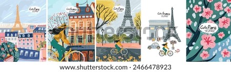 France and Paris. Travel.Vector cute illustrations of Eiffel tower, alleys, street, house, park, woman on bicycle, triumphal arch, alley, cherry or apple flowers on tree for card, poster or background