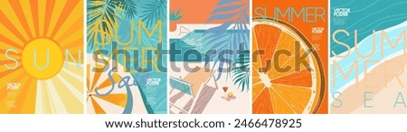 Summer, sun and sale. Vector minimalistic illustration of sun rays, swimming pool with sun lounger and umbrella and tropical palm leaf, orange and sea beach with sand for background, flyer, poster or 