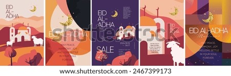 Eid al-Adha Eid Mubarak. Vector modern illustration of mosque, lamb, landscape, abstract pattern, crescent, nature for greeting card, Islamic background, poster or sale flyer