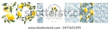 Lemon, flowers and blue Mediterranean tiles. Vector cute elegant watercolor illustration of lemons, frame, striped wave, wreath,  and pattern for background, card, invitation or poster