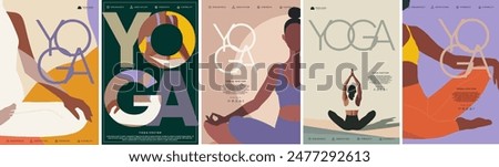 Yoga, meditation, stretching and pilates. Vector minimalistic illustration of a woman in sportswear in the lotus position exercising in the studio, logo for poster, invitation, flyer or background