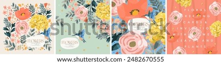 Flowers and floral print. Vector cute illustration of peony, leaves, rose, hummingbird, hydrangea and plants for greeting card, wedding invitation, background, pattern or poster