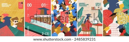 Education at university, college and school. Vector abstract modern illustration of graduates, textbooks, pattern, studying student at computer preparing for exams and doing homework for poster