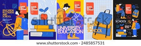 University, education and student. Back to school. Abstract sketch style vector illustration of a college student reading, backpack, textbooks for poster, flyer or background