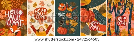 Hello, autumn. Vector cute illustration of nature, frame, pattern, forest, leaves, leaf, pumpkin, acorn, girl, fox, maple leaf for background, greeting card, invitation, poster or background