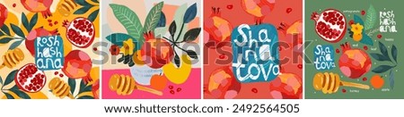 Shana Tova. Rosh Hashanah. Congratulations on the Jewish New Year. Vector cute hand drawn illustrations of pomegranate, honey, pattern, apple, still life, logo for greeting card, flyer or backgrund