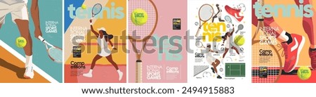 Tennis and international sport games. Vector abstract illustration of woman and man tennis player on tournament on court, tennis ball, racket and sneakers for poster, cover, flyer or background