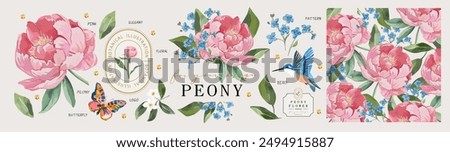 Peonies. Flowers. Vector floral illustrations of buds, leaves, frame, border, pattern, pink peony, bird, logo for wedding invitation, greeting card or background 