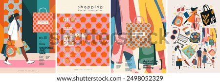 Shopping and sale. Vector modern abstract illustrations of people in store with shopping bag, cart, shop, package, fashion woman, pattern, family and objects for poster, background, flyer or cover