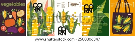 Corn, food and vegetables. Vector modern abstract illustration of corn cobs isolated on white background, in bag and pattern for background, poster, flyer or brochure cover