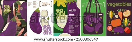 Eggplant, food and vegetables. Vector modern abstract illustration of eggplants isolated on white background, in bag and pattern for background, poster, flyer or brochure cover