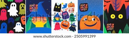 Happy Halloween. Vector cute childish naive illustrations of characters, pumpkin, black cat, ghost, pattern, witch, logo for greeting card, poster, flyer or background