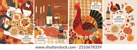 Happy Thanksgiving. Vector illustration of turkey, festive family dinner or lunch with friends at table with food, pumpkin, icons for greeting card, party invitation, background or poster