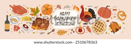 Happy Thanksgiving. Vector illustration of turkey, food, wine, pie, autumn leaf, pumpkin, coffee, bagel, bun, set of icons for greeting card, party invitation or banner