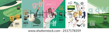 Golf. Vector modern illustration of golf game, golfer, ball with club and hole, golf course for poster, flyer, invitation, ticket or background