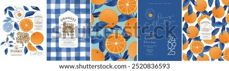 Orange and blue leaves. Vector illustration of citrus, cut fruit, pattern for plant background, wedding invitation, greeting card, packaging, label, italian mediterranean poster