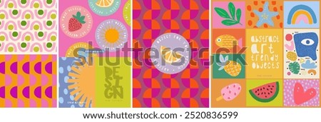 Abstract art objects for design. Vector illustrations of modern trendy children's cute icons, pattern, stickers, geometric shapes, rainbow, lemon, ice cream, watermelon, fish, leaf, pineapple