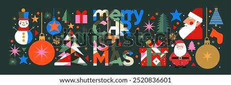 Merry Christmas and Happy New Year! 2025. Vector modern geometric abstract illustration of Santa Claus, christmas tree, fir tree toys and balls, snowman, gift for greeting card, for congratulation