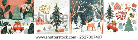 2025. Merry Christmas and Happy New Year! Vector cute illustration of winter landscape with Christmas tree, car with gifts, animal deer in forest for greeting card, poster, background or invitation