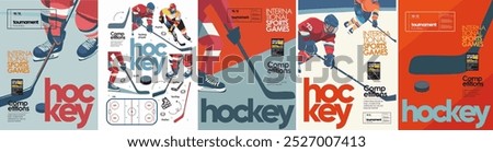 Hockey. Vector modern illustration of hockey player, match or tournament on ice, puck, stick, skates for poster, background, flyer or leaflet