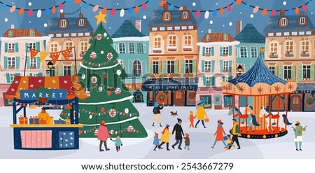 Christmas market 2025. Vector cute illustration of city decorated winter festive square with Christmas tree, kiosk, houses, people, family, carousel with horses for greeting card, background or banner