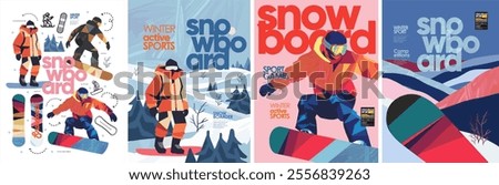 Snowboard. Snowboarding.Vector abstract illustration of winter extreme sport, man snowboarding in mountains outdoors, winter landscape and icons for poster, flyer, leaflet or background